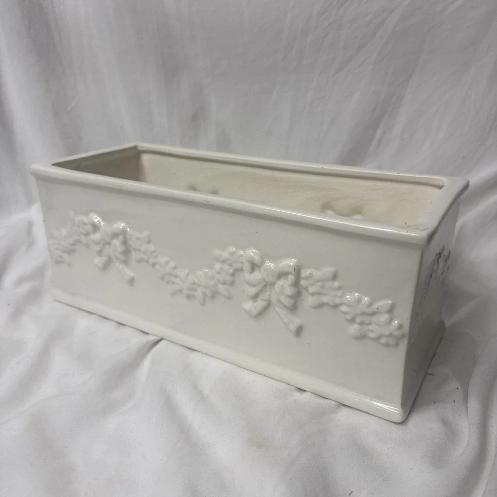 Vintage White Ceramic Rectangular Window Box Planter Garland Bows 13
